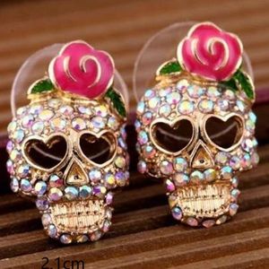 Sugar Skull Los Muertos Crystal Rose Stud Badass Halloween Earrings